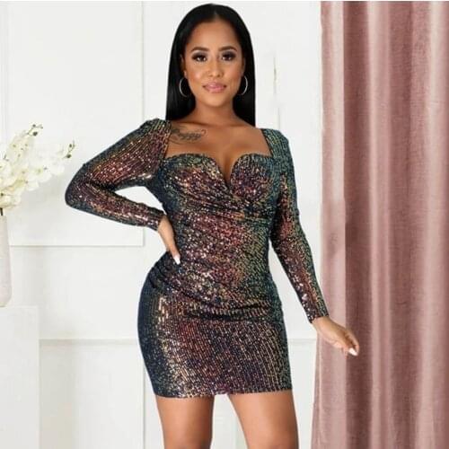 Clubwear Ruched Party Sequin Dress Women Backless Glitter Slim Bodycon Dress Spring Elegant Square Collar Long Sleeve Mini Dress
