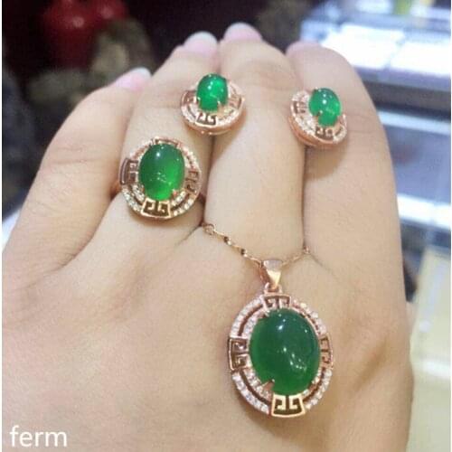 KJJEAXCMY boutique jewels 925 sterling silver inlay pure natural green jade pendant ring earrings 3 sets flowers flow curve new