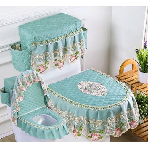 Fyjafon 3pcs Toilet Seat Cover Washable Embroidery Toilet Cover Tank Cover with storage bags Printed Lace Bathroom Toilet Cover
