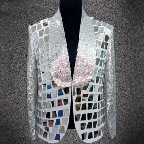 Male White Mirror Blazers Coat Outfit Silver Sequins prom party show singer jacket Performing Bar Rock Singer Stage Costumes