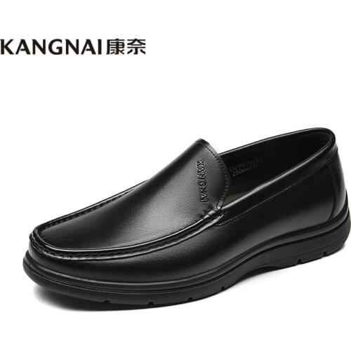 KANGNAI Men Leather Shoes Anti-Slip Slip-On Classic Flats Lightweight Black Business Casual Shoes Man