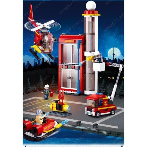 Minifigure City Fire Training Building Blocks Sets Fire Fighting Helicopter Car Kids Toys Boys Brinquedos Bricks Christmas Gifts
