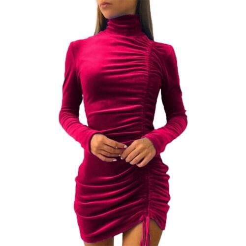 New Autumn Women Dress Solid Color Long Sleeve Turtleneck Bodycon Drawstring Slims Fit Mini Elegant Party Dresses Banquet