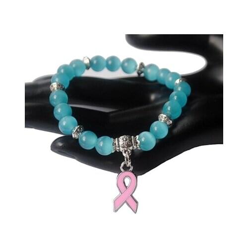 New Breast Cancer Awareness Pink Ribbon Charm Bracelet 5 Color Cat Eye Opal 8mm Beads Bracelets & Bangle