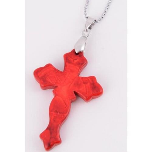 Natural Stone Red Green Cream-coloured Howlite Cross Shape Pendant Necklace for Women Men Healing Jewelry Three Choices D546b