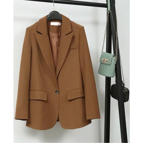 Tailored collar Khaki Black Fashion Business women suit Korean style loose Mid-Length Cotton Polyter Spring Summer jacket