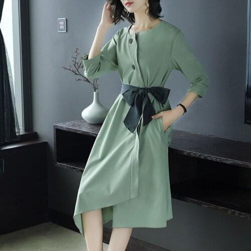 2018 Autumn New Pattern European Will Code Self-cultivation Thin Solid Color Round Neck Seven Part Sleeve Waist A Word Dress