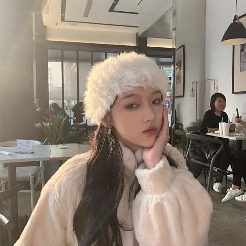 2021 Winter Thick Fluffy Rabbit Fur Headband for Women Girls Fur Russian Lady Furry Turban Headwear Outdoor Ski Hats Accessories