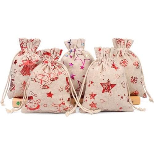 Christmas Gift Bag Cartoon Santa Candy Bag Snowman Xmas Tree Print Canvas Bag Drawstring Sack Bag Christmas Party Supplies SN