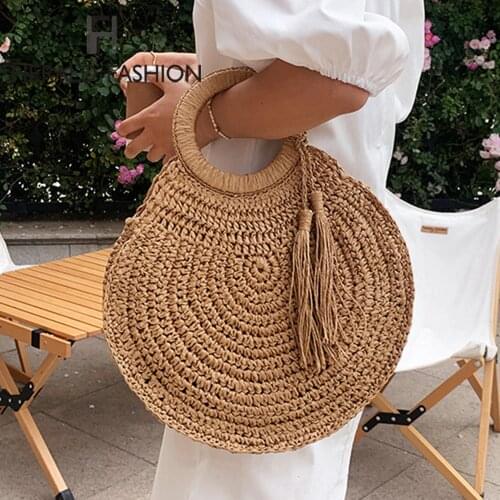 Straw Bag Rattan Woven Round Tassel Handbag For Women Large Capacity Shoulder Tote Purse Ladies Holiday Wood Handle Shopping Bag