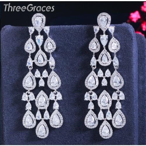 ThreeGraces Vintage Long Tassel Chandelier Drop Dangle Bridal Wedding Earrings for Ladies Sparkling CZ Crystal Jewelry ER531