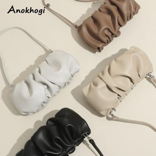 Genuine Leather Ruched Pure Color Dumpling Women Shoulder Bag New Summer Fold Khaki Baguette H395