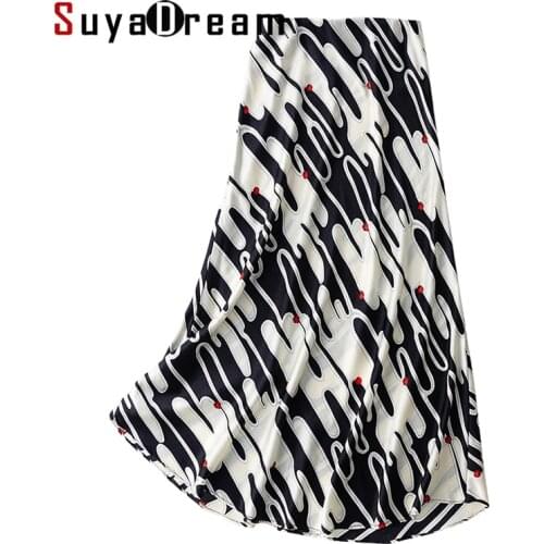 SuyaDream 93%Silk 7%Spandex Silk Satin Black White Mermaid Skirt Woman 2021 Spring Summer Print Long Skirts Office Lady Skirt