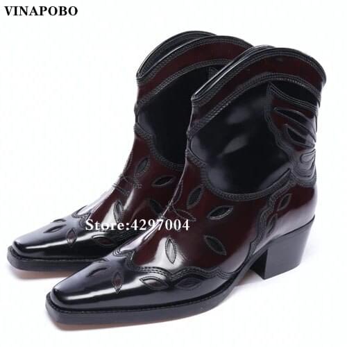 Vinapobo 2020 Autumn New Embroidery Genuine Leather Ankle Boots Woman Pointed Toe Mixed Color Low Heel Boots Women Cowboy Boots