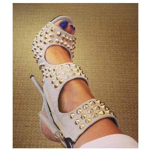 Summer Brand Women Gray Spikes Rivets Cuts Out Zipper Side Stiletto Heel Peep Toe Party Short Sandals Boots Ankle Booties Shoes