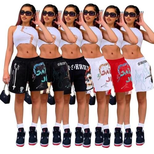 Letter Flame Cartoon Multicolor Print Drawstring Waist Shorts Women 2021 Fashion Casual Loose Short Pants