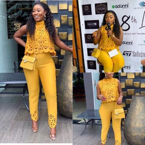 High street yellow hollow out 2 piece set women sleeveless short top and long pants fashion female outfit LTZ008