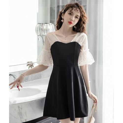 Korean Style Mesh Patchwork A Line Dress Women Corset Half Flare Sleeve Mini Sequin Dress Woman Slim Black Office Work Dresses