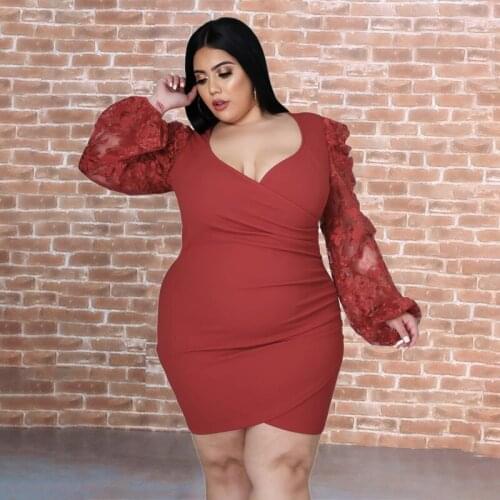 Plus Size Mini Dresses Clothing Women Long Sleeve Dress Bodycon Lace Sleeves Sexy Party Vintage Dress Dropshipping Wholesale