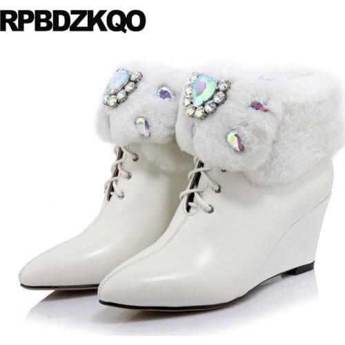 Beige High Heel 2021 Brand Women Winter Boots Genuine Leather Shoes Rhinestone Lace Up Booties Pointed Toe Fur Handmade Wedge