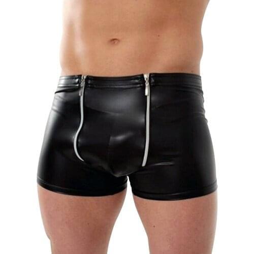 Patent Leather Boxer Shorts Wetlook Clubwear Gay Underwear Erotic Boxershorts Men Lingerie Leather Underpants with Pockets