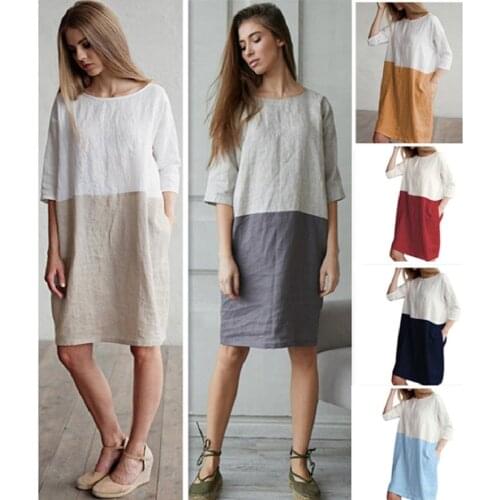 European and American loose pure color cotton linen patchwork dress in 2020 round neck seven minute sleeves skirt tunic new styl