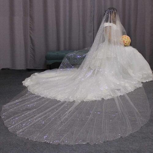 Sparkling Sequined 4M Long Wedding Veil 4 Meters One Layer Silver Sequins Ivory Tulle Bridal Veil WITHOUT Comb 2019