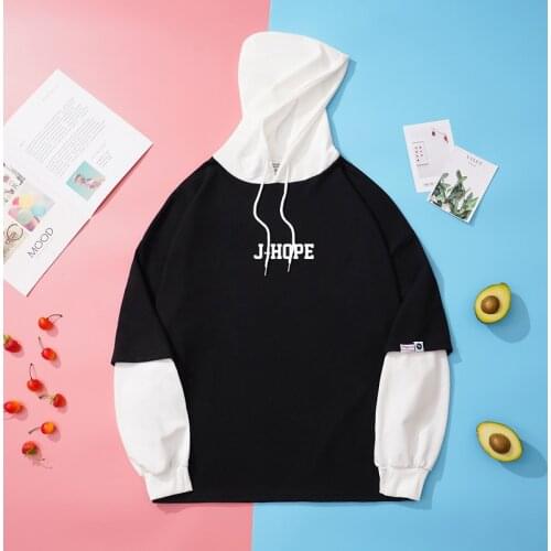 Jungkook Suga Jimin V Jin J-hope RM Hoodie Sweatshirt Women Casual Korean Bangtan Boys Kpop Tops Fake Two Pieces Couples Clothes