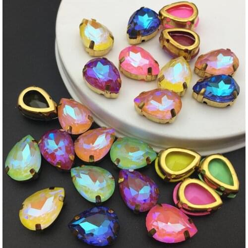 Teardrop Sew On Rhinestone With Gold Hollow Claw 10x14mm Pear Mocha AB Glass Crystal Sewing Stones with 4Holes for Garments