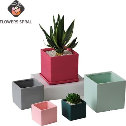 Square Simple Ceramic Flower Pot With Tray Modern Home Balcony Garden Hydroponic Jasmine Succulent Flower Pot Decoration