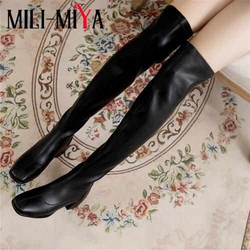 MILI-MIYA Sexy Women Cow Leather Over The Knee Boots Stretch Microfiber Shaft Solid Color Low Thick Heels Plus Size 34-45