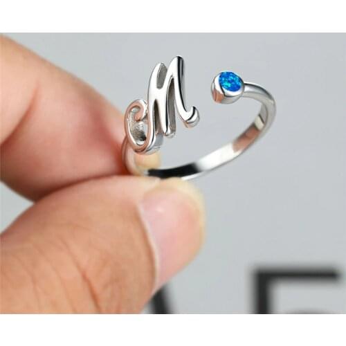 Fashion Blue White Opal Wedding Ring Cute Female Letter M Opening Ring Vintage Rose Gold Silver Color Engagement Rings For Women