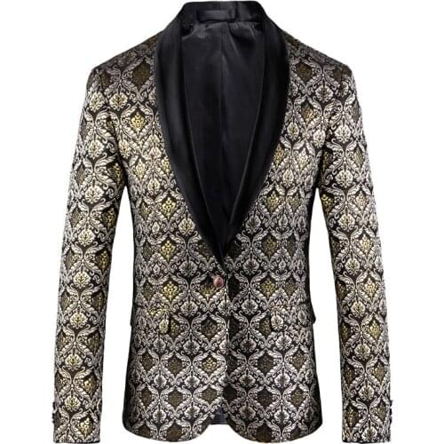 Paisley Pattern Gold With Contrast Black Collar Dinner Luxury Jacquard Prom Wedding Palace Blazer Men