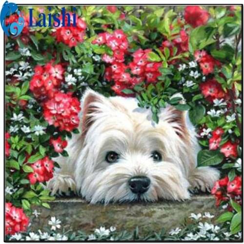 5D DIY West Highland White Terrier and Flowers, Garden Decoration Diamond Painting Diamond Embroidery New Handicrafts Home Decor