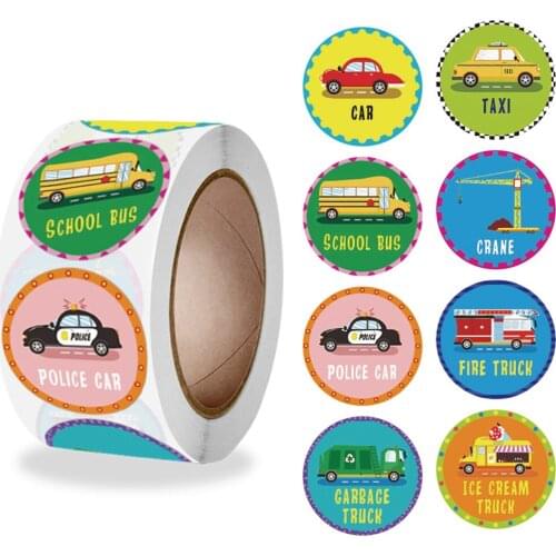 New 500PCS/Roll Stickers Kids Birthday Party Gifts Reward Stickers School Bus Fire Taxi Truck Bus Car Sticker For Children Toys