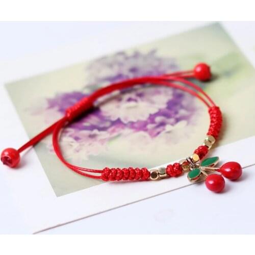 Wholesale Fashion Strawberry Cherry Fruit Bracelet For Women Hand Knitted Red Rope Bracelets Girl Jewelry Gifts
