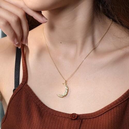 Gold Horn 925 Sterling Silver Pleated Rippled Crescent Moon Necklace Friendship Graduation Gift Lunar Jewelry Statement Necklace
