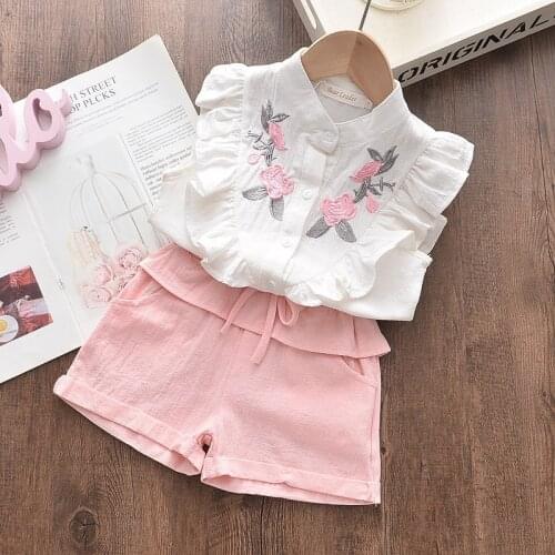 Girls Embroidered Sleeveless Shirt + Shorts Two-piece Suit Summer Cute Flower Clothes 3-8 Years Old Kid Casual Sport Suit Tshirt
