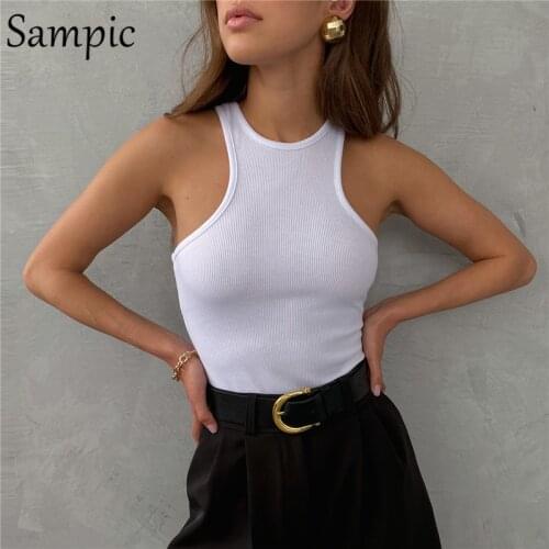Sampic Summer Women Knitted Ribber O Neck T Shirt Tops Mini Vest Casual White Fashion Skinny Club Sleveless Crop Tank Tops 2021