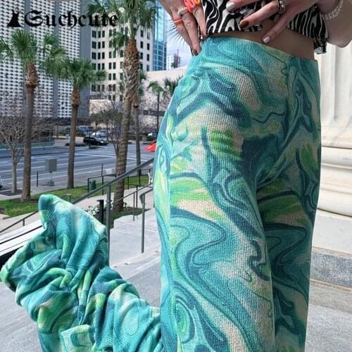 SUCHCUTE Streetwear Tie Dye Print Womens Stacked Sweatpants High Waist Casual Trousers For Female Harajuku Capris 2021 Summer