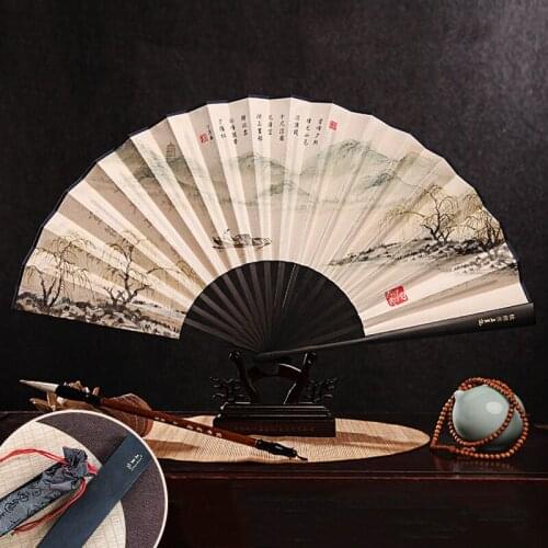 Imitation Ebony Mens Folding Fan Bamboo wood silk silk cloth hand fan Outdoor personalized durable folding fan Home Decoration