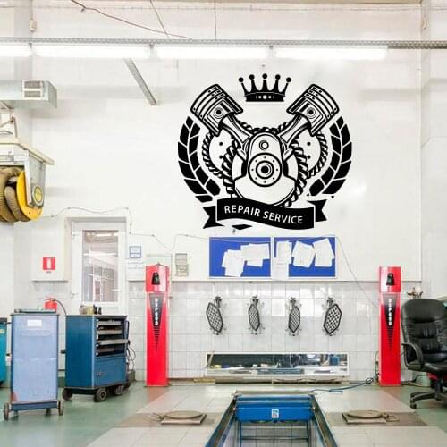 Garage Auto Car Repair Service Piston Wall Sticker Crown Motorcycle Sports Tire Shop Mechanical Service Wall Decal Vinyl Decor
