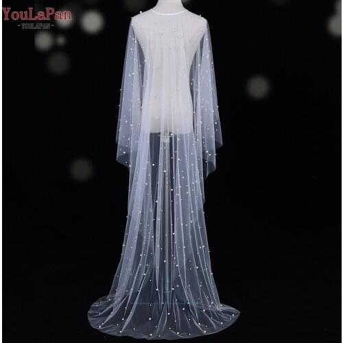 YouLaPan G50 Pearl Bridal Cloak Bride Short Front Long Back Shawl Wedding Dress Tulle Romantic Wedding Accessories Bride Shrug