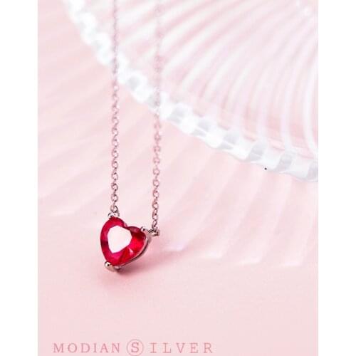 Modian 100% 925 Sterling Silver Red CZ Heart Necklace Pendant for Women Short Necklaces France Style 2020 Mode Collar Bijoux