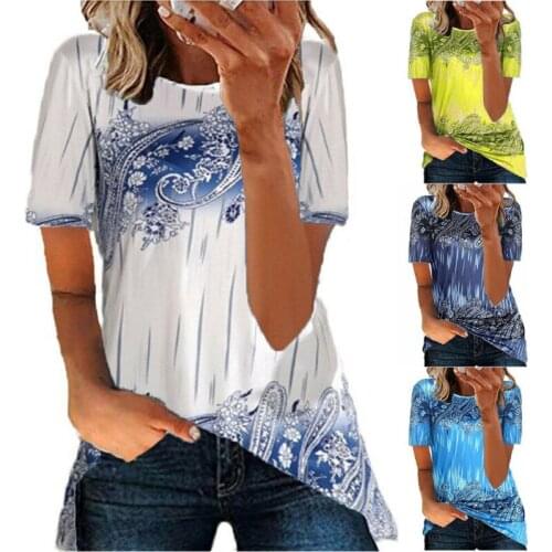 Women Printed Short Sleeve Summer T-Shirt Casual Tee Tunic Top Blouse Look Thin