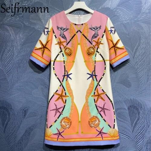 Seifrmann New 2021 Summer Women Fashion Runway Party Mini Dress Short Sleeve Gorgeous Beading Vintage Print Ladies A-Line Dress