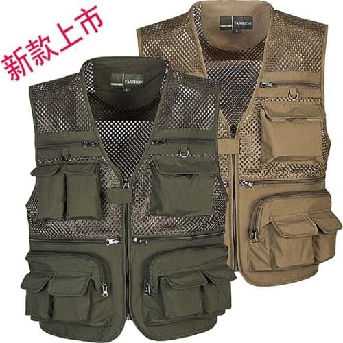 Mens Thin Vest Fashion Military Style Loose Large Size Fishing Vest Cotton Multi-pocket Mesh Waistcoat