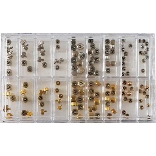 140 pcs/box Gold/Silver Color Watch Crown For Quartz Watch Mix Style Dome Flat Head Parts Watchmaker Watch Crown Repair Kits