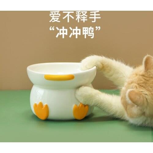 2021 new duck pet bowl cat Bowl Ceramic food bowl easy to clean spine protection high foot cat food Basin