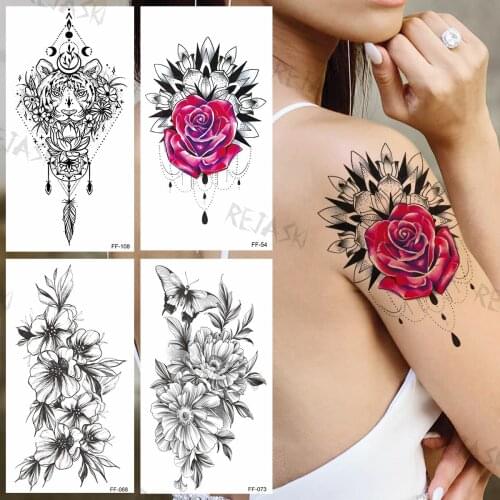Watercolor Rose Mandala Flower Temporary Tattoos For Women Girls Tiger Butterfly Feather Fake Tattoo Sticker Arm Tatoos Thigh